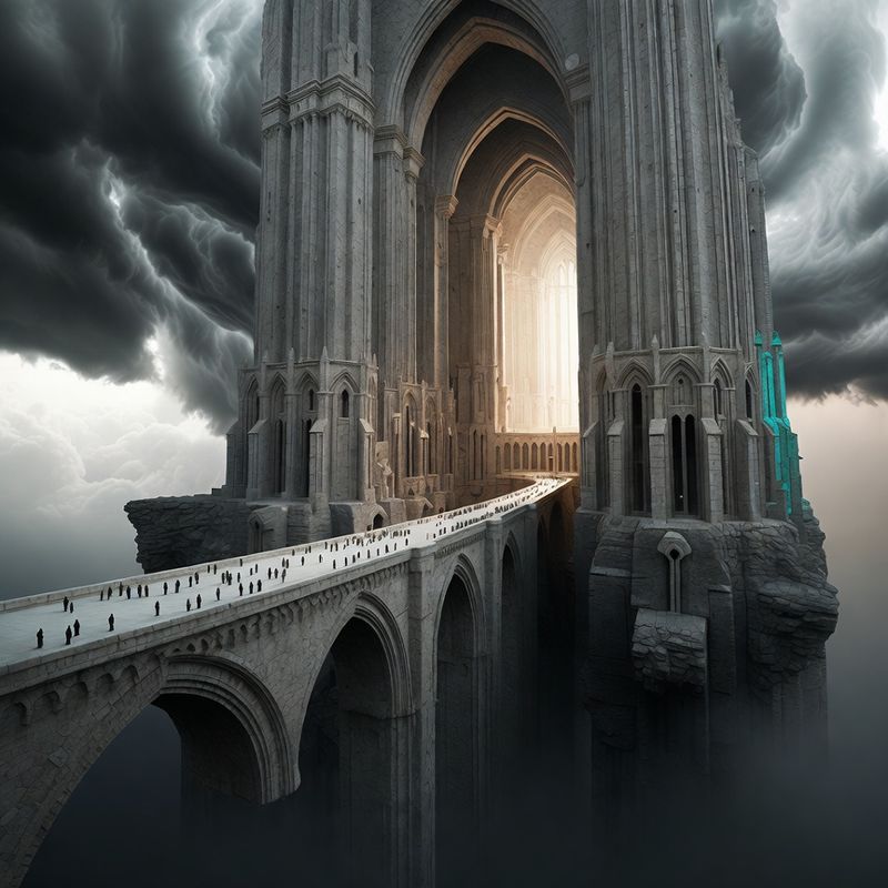 illustrations-landscape · Floating Monastery Among Thunderclouds Gigantic Stone Bridges Linking