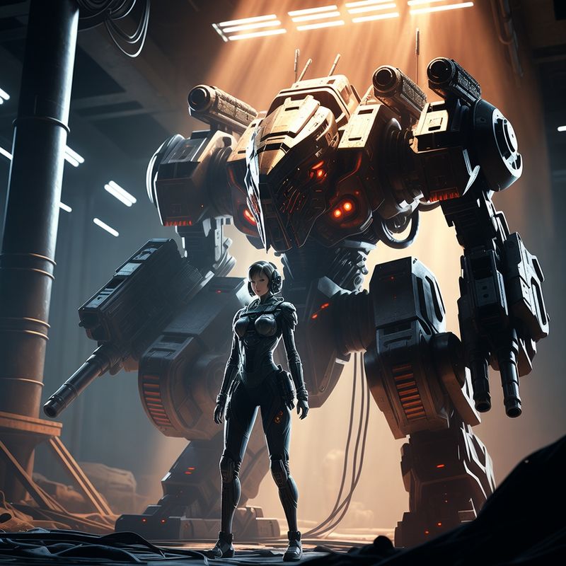 illustrations-scifi-mecha · Female Mech Pilot Standing Before A Colossal Combat