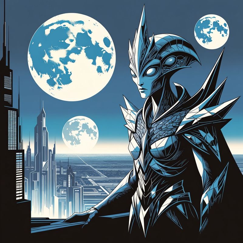 illustrations-scifi-mecha · Alien Queen With Elegant Crystalline Armor Overlooking A