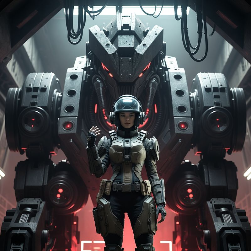 illustrations-scifi-mecha · Female Mech Pilot Standing Before A Colossal Combat