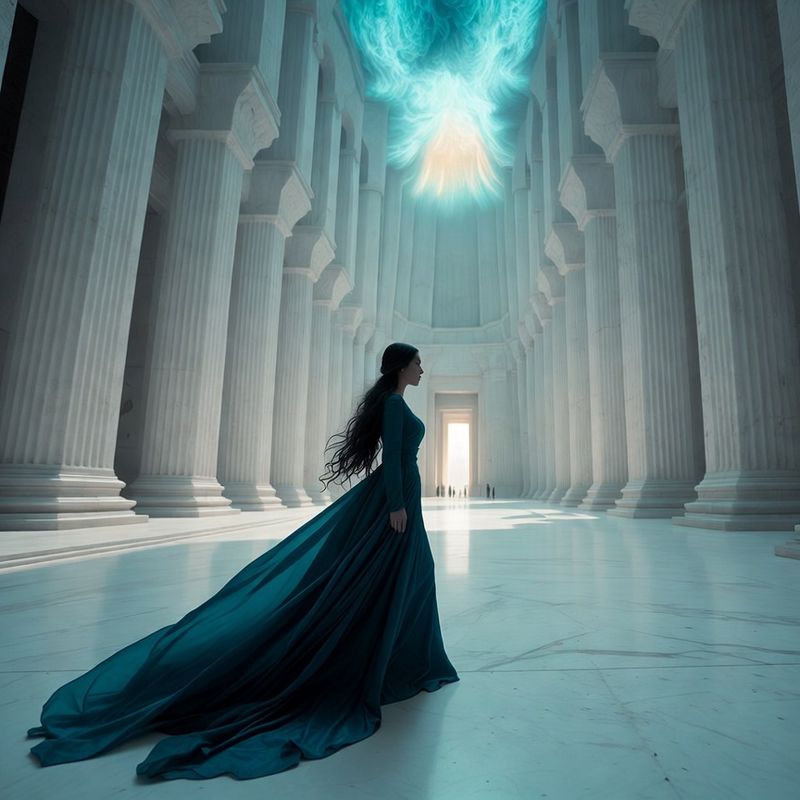 illustrations-fantasy-royalty · Legendary Sorceress Walking Alone Through Endless White Marble