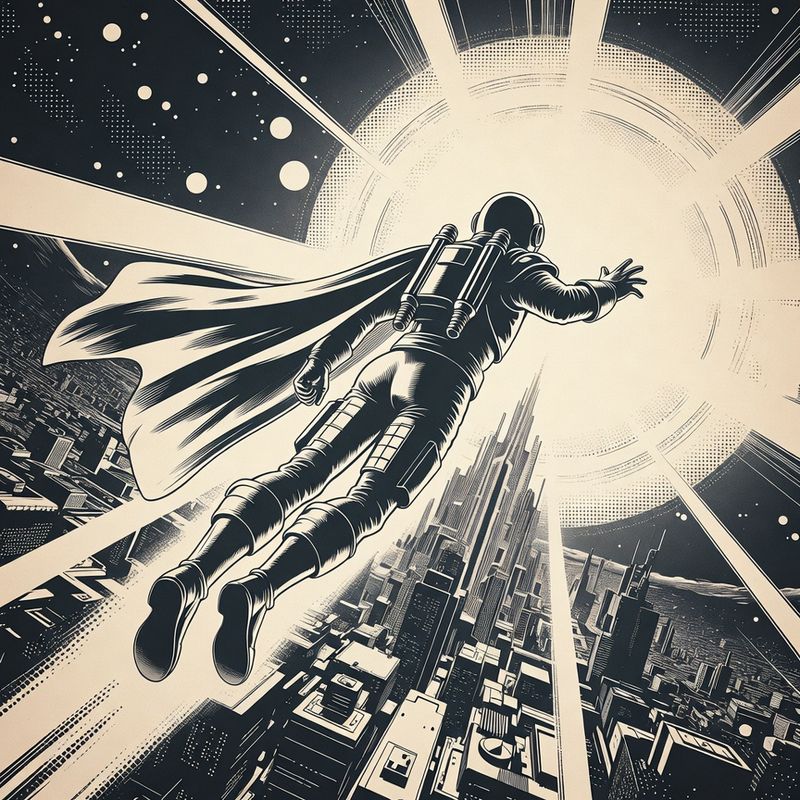 illustrations-scifi-mecha · Cosmic Guardian Flying Through Radiant Energy Rings Above