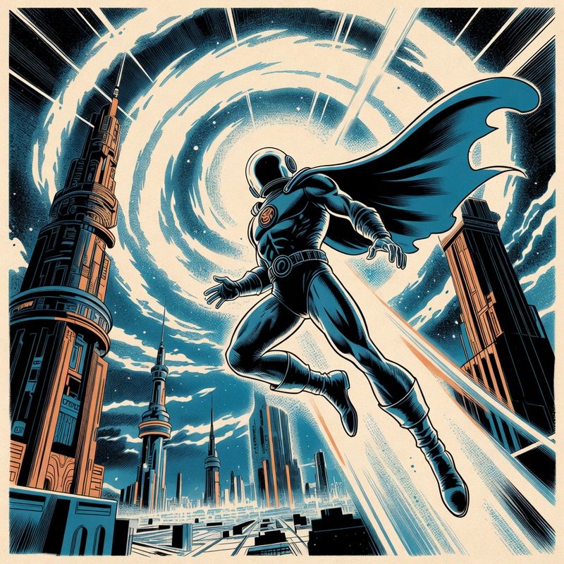 illustrations-scifi-mecha · Cosmic Guardian Flying Through Radiant Energy Rings Above