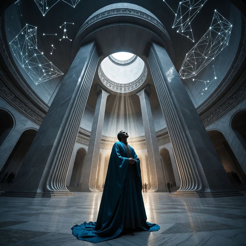 illustrations-fantasy-royalty · Royal Advisor In Magnificent Blue Silk Standing Beneath