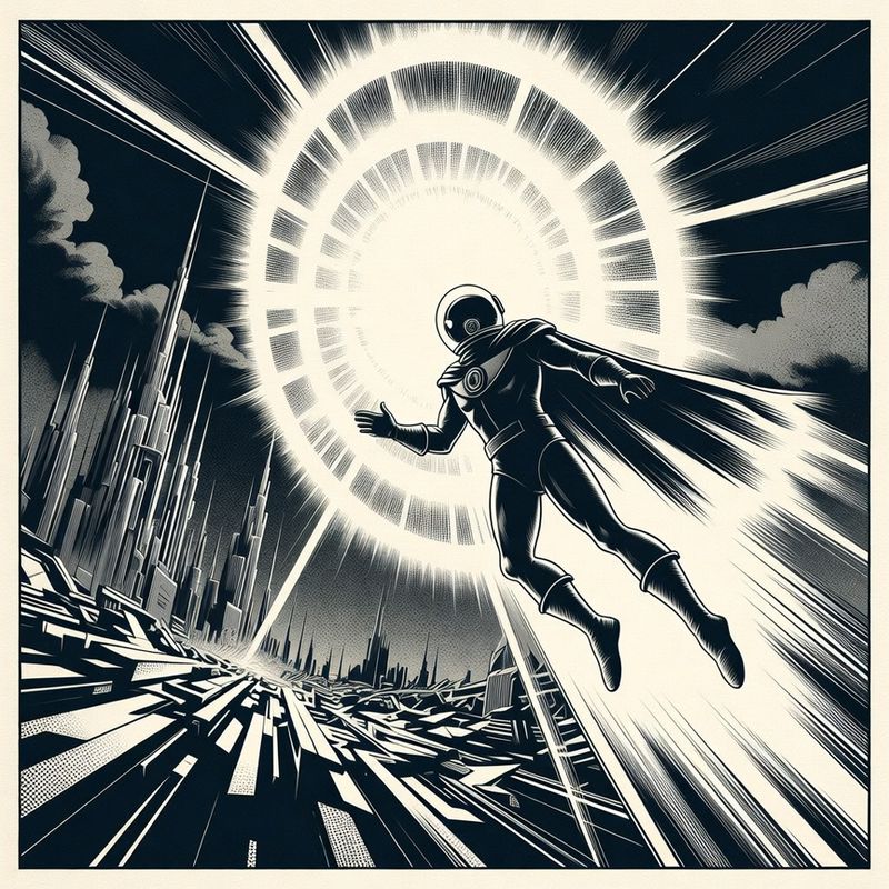 illustrations-scifi-mecha · Cosmic Guardian Flying Through Radiant Energy Rings Above