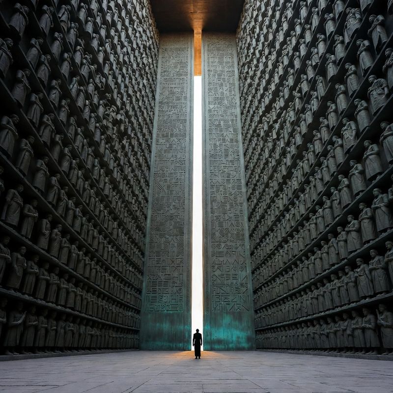 illustrations-fantasy-royalty · Beautiful Ruler Standing Before Monumental Bronze Doors Engraved