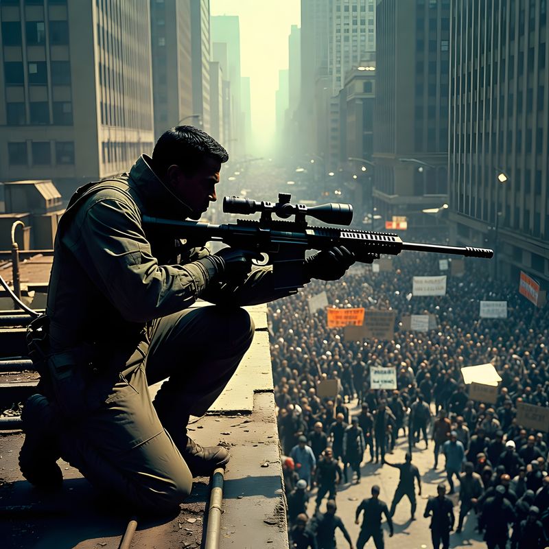 illustrations-scifi-mecha · A Rooftop Assassin In A Dystopian City Preparing