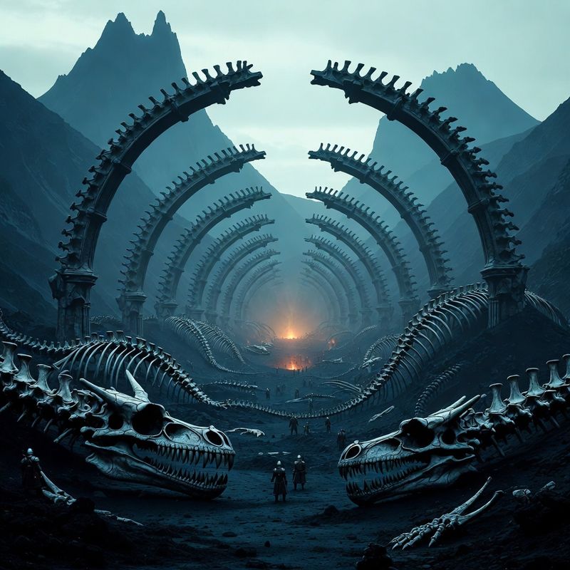 illustrations-landscape · Ancient Dragon Sanctuary Beneath Volcanic Mountains Colossal Fossilized