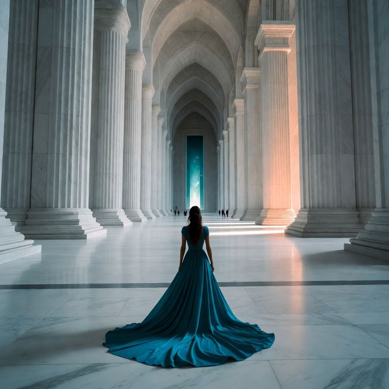 illustrations-fantasy-royalty · Legendary Sorceress Walking Alone Through Endless White Marble
