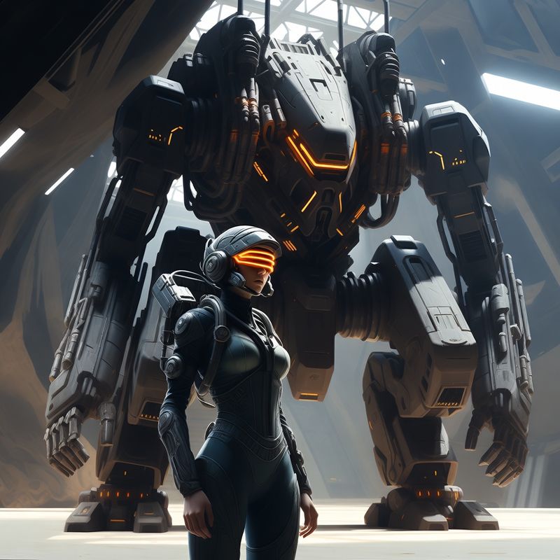 illustrations-scifi-mecha · Female Mech Pilot Standing Before A Colossal Combat