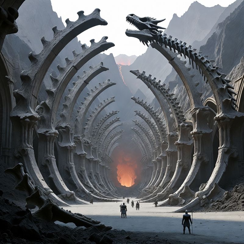 illustrations-landscape · Ancient Dragon Sanctuary Beneath Volcanic Mountains Colossal Fossilized