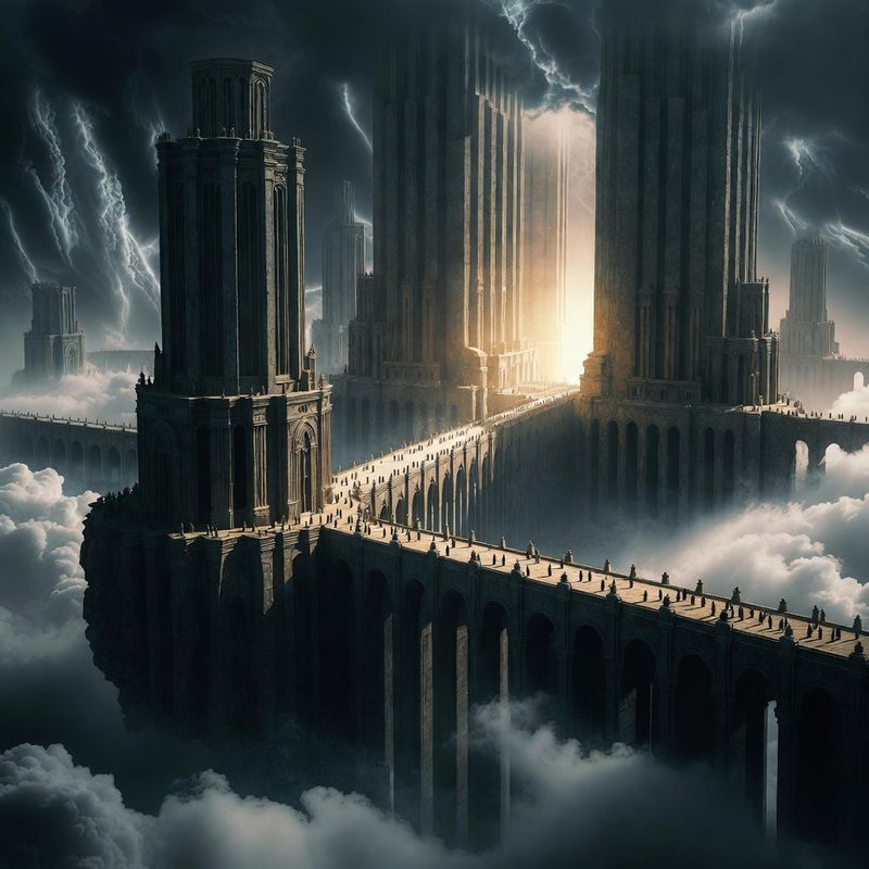 illustrations-landscape · Floating Monastery Among Thunderclouds Gigantic Stone Bridges Linking