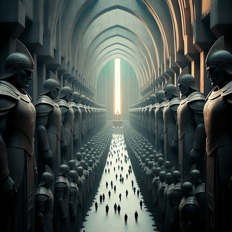 illustrations-landscape · Sacred Hall Of Immortal Guardians Colossal Armored Statues
