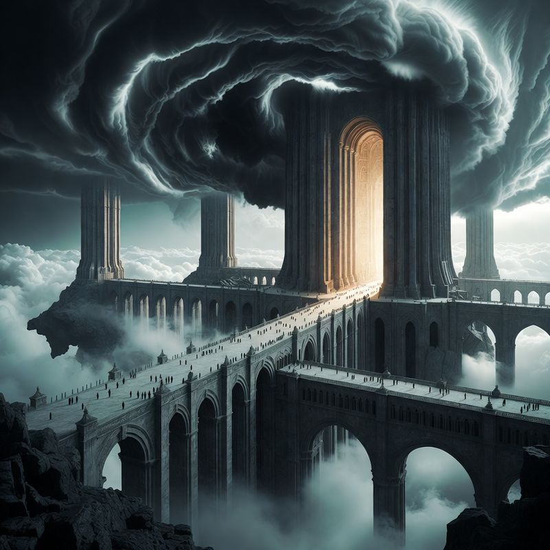 illustrations-landscape · Floating Monastery Among Thunderclouds Gigantic Stone Bridges Linking