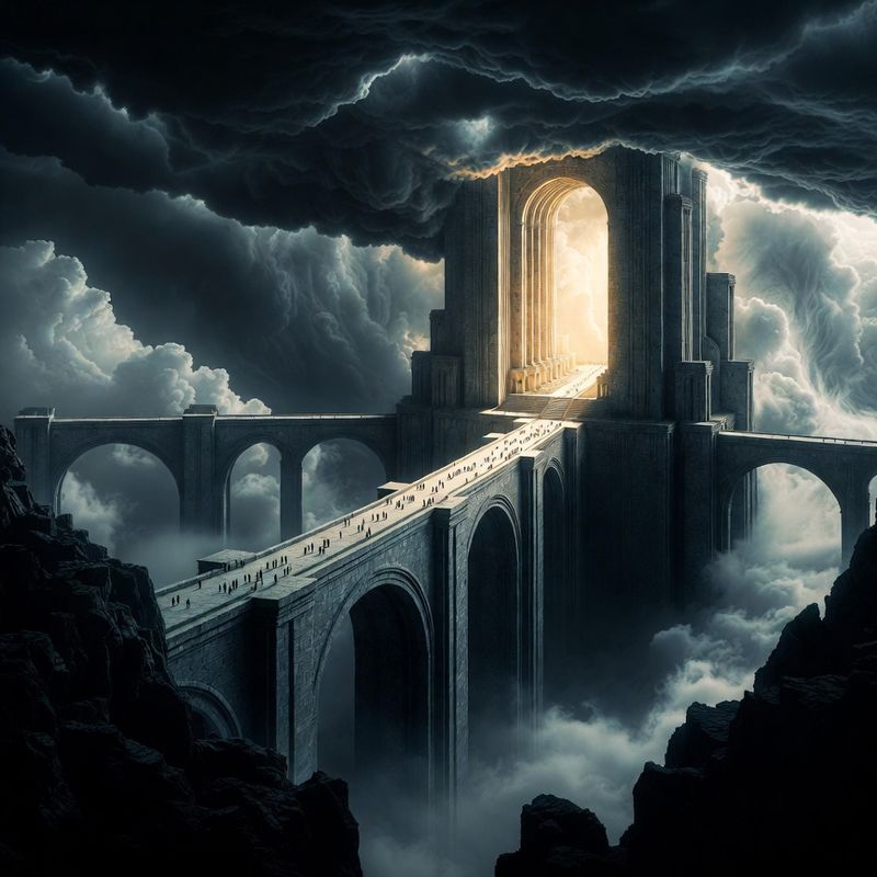 illustrations-landscape · Floating Monastery Among Thunderclouds Gigantic Stone Bridges Linking