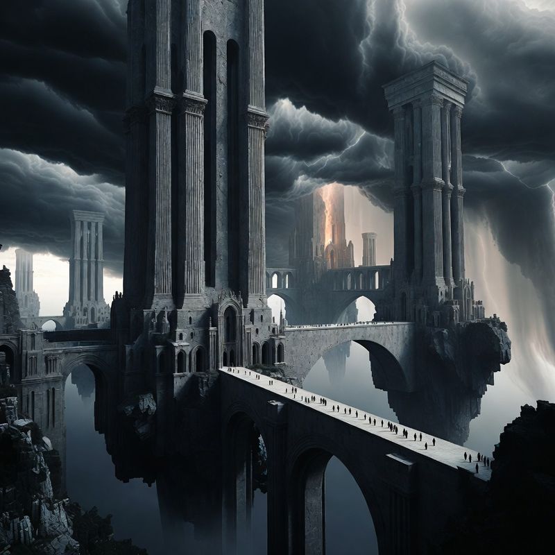 illustrations-landscape · Floating Monastery Among Thunderclouds Gigantic Stone Bridges Linking