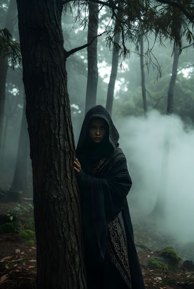 illustrations-fight-rogues · A Female Rogue Assassin Hidden Behind A Tree