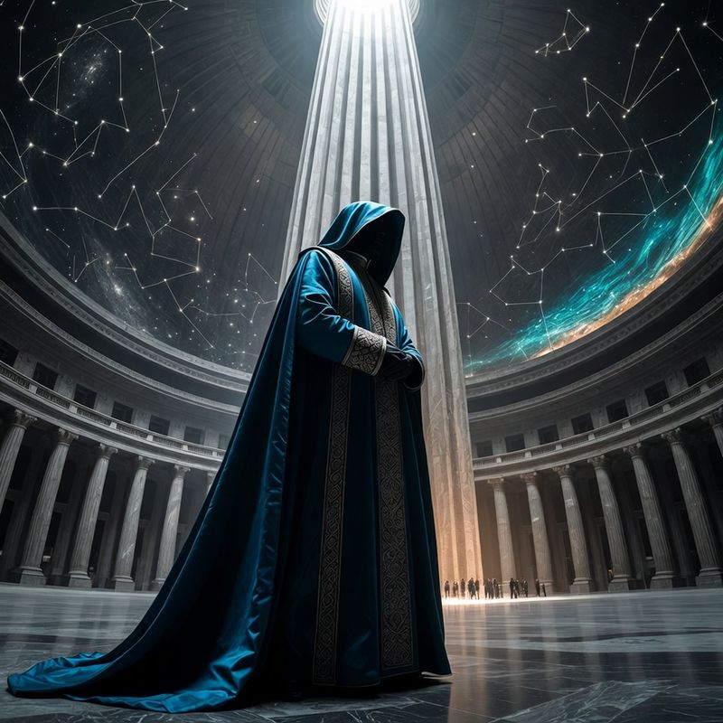 illustrations-fantasy-royalty · Royal Advisor In Magnificent Blue Silk Standing Beneath