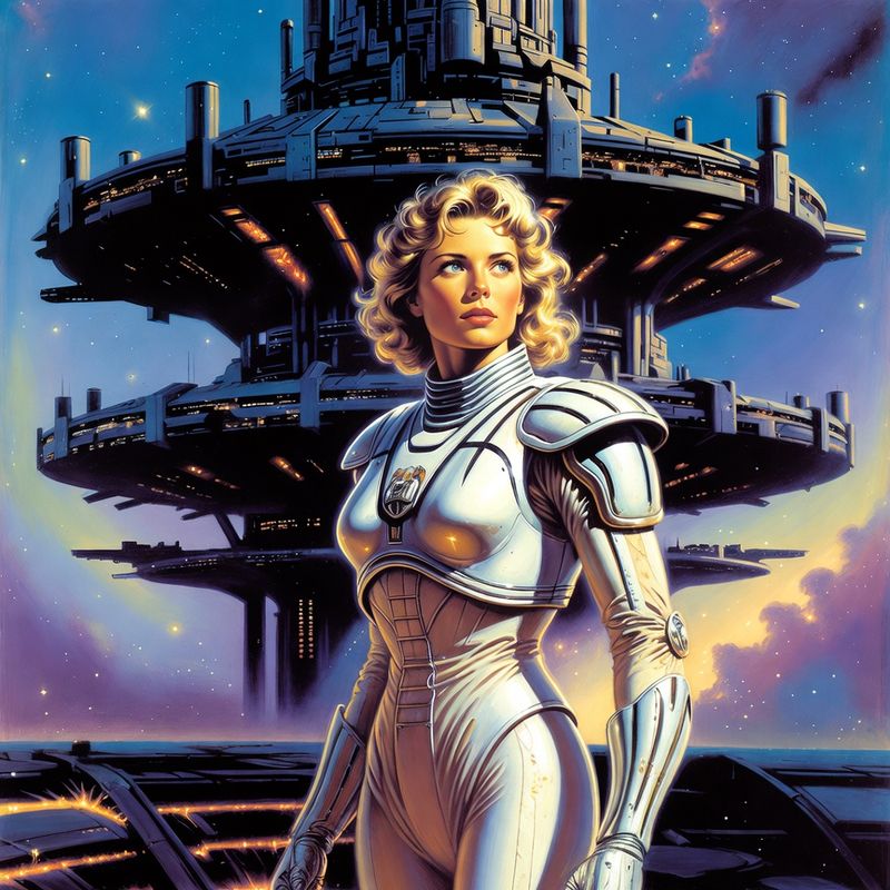 illustrations-scifi-mecha · Heroine In Gleaming White Powered Armor Standing Before