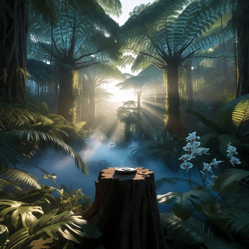 illustrations-landscape · Exotic Rainforest Deep At Dawn Towering Bioluminescent Trees