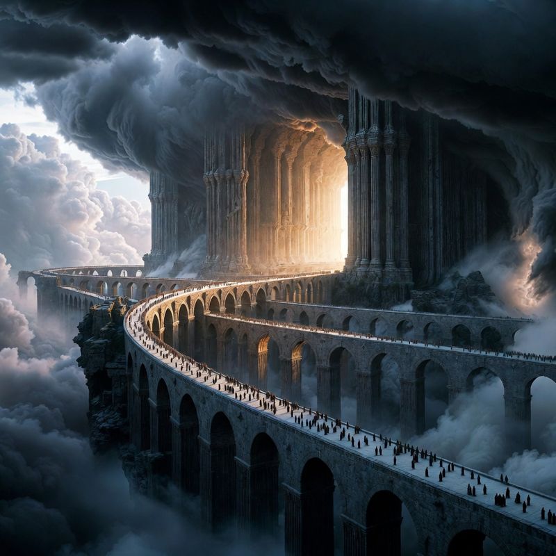 illustrations-landscape · Floating Monastery Among Thunderclouds Gigantic Stone Bridges Linking