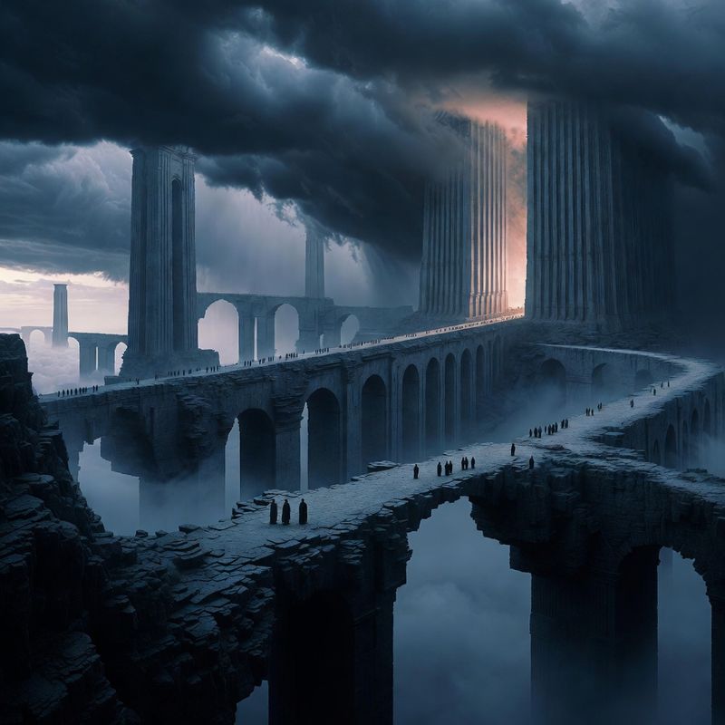 illustrations-landscape · Floating Monastery Among Thunderclouds Gigantic Stone Bridges Linking