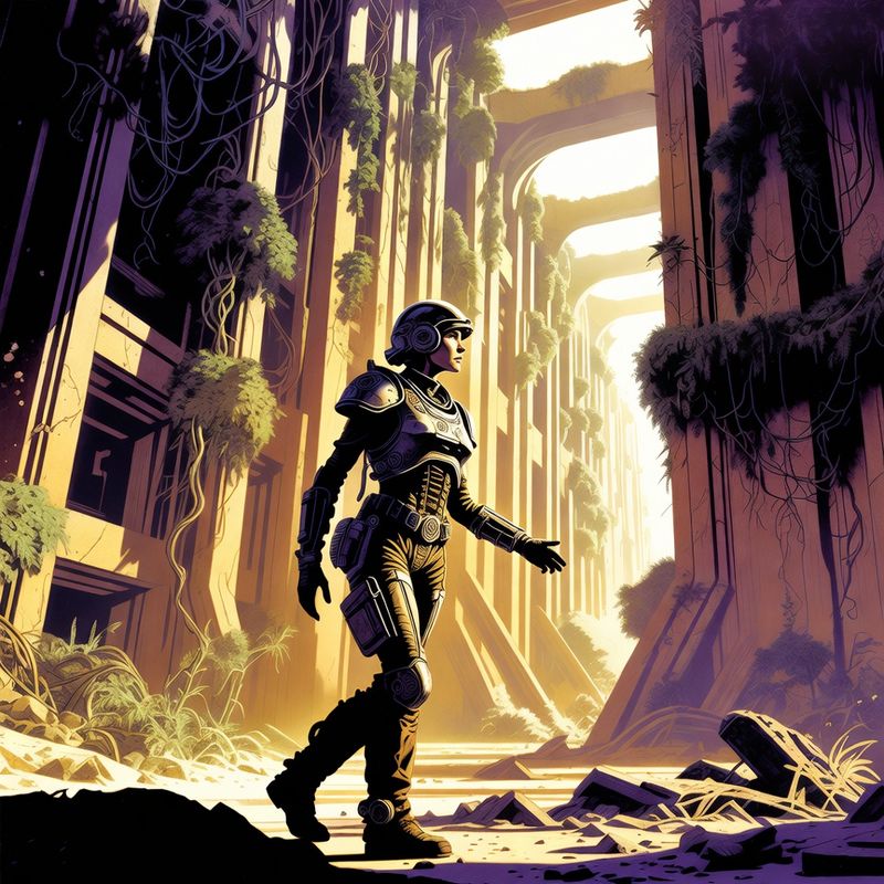 illustrations-scifi-mecha · Female Star Ranger Walking Through Abandoned Alien Megastructure