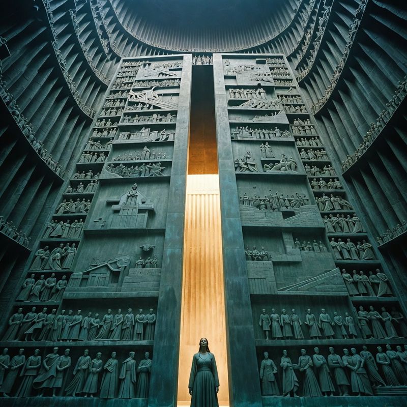 illustrations-fantasy-royalty · Beautiful Ruler Standing Before Monumental Bronze Doors Engraved