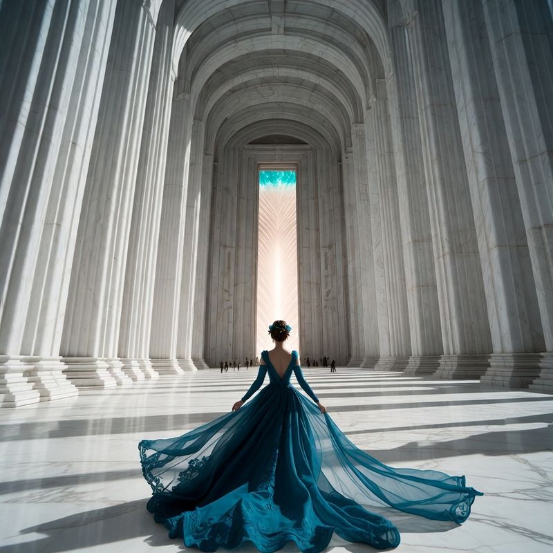 illustrations-fantasy-royalty · Legendary Sorceress Walking Alone Through Endless White Marble