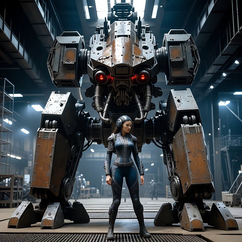 illustrations-scifi-mecha · Female Mech Pilot Standing Before A Colossal Combat