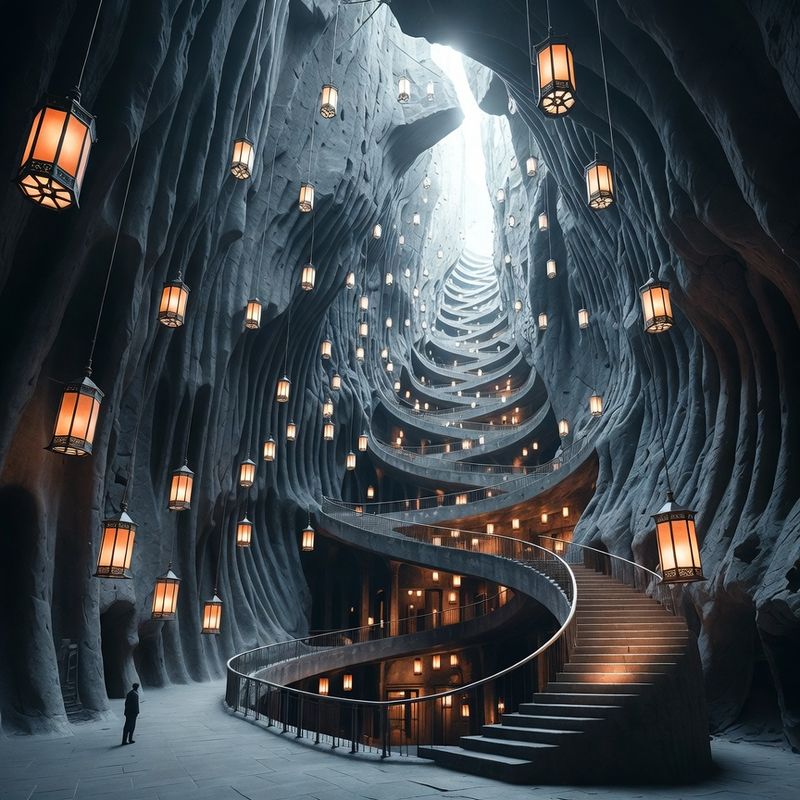 illustrations-landscape · Endless Wizard Library Carved Into A Mountain Spiral
