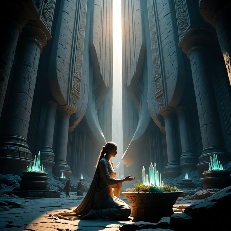 illustrations-fantasy-royalty · Graceful Healer Kneeling Inside An Ancient Sanctuary Filled