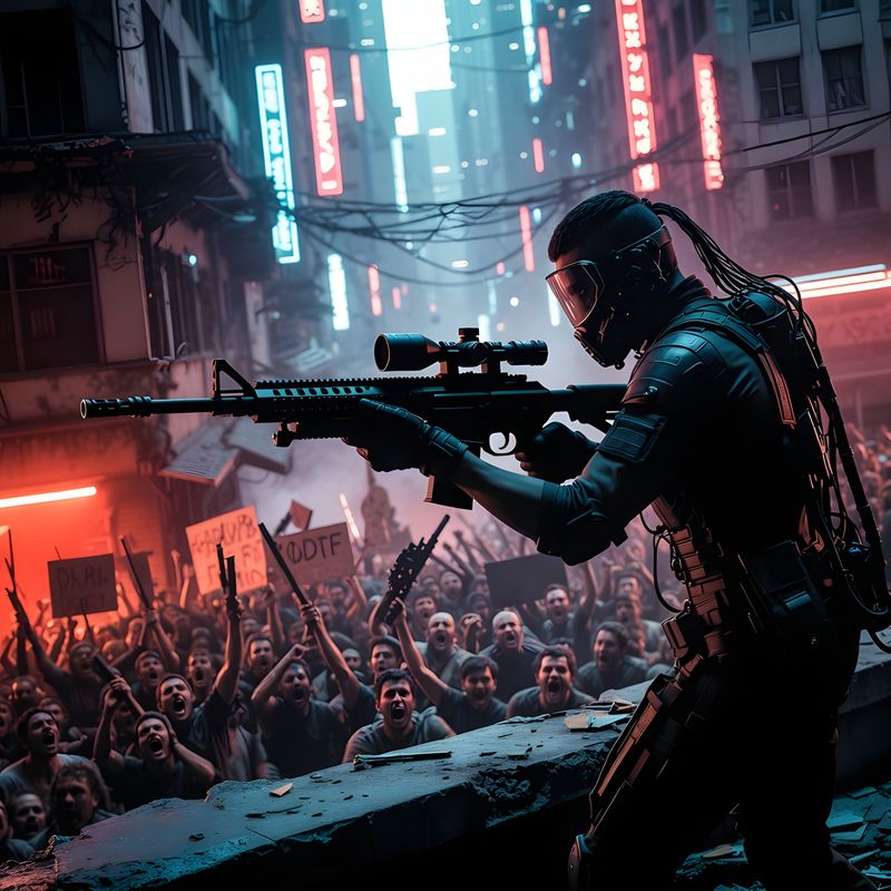 illustrations-scifi-mecha · A Rooftop Assassin In A Dystopian City Preparing