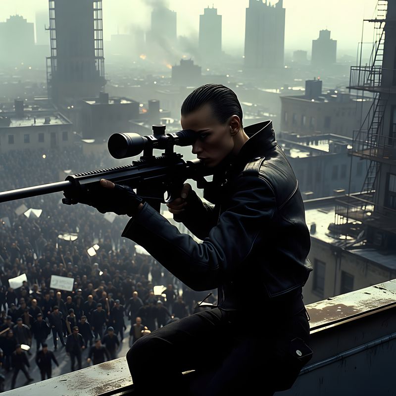illustrations-scifi-mecha · A Rooftop Assassin In A Dystopian City Preparing