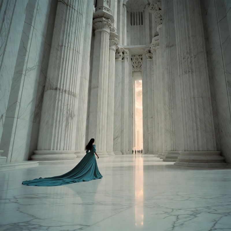 illustrations-fantasy-royalty · Legendary Sorceress Walking Alone Through Endless White Marble