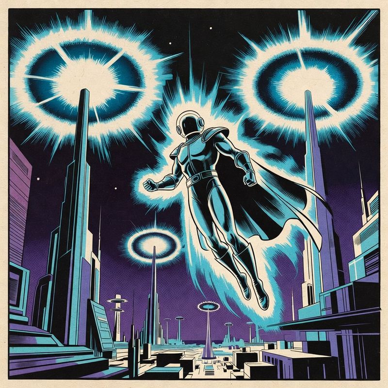 illustrations-scifi-mecha · Cosmic Guardian Flying Through Radiant Energy Rings Above