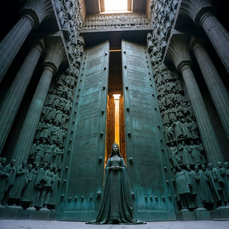 illustrations-fantasy-royalty · Beautiful Ruler Standing Before Monumental Bronze Doors Engraved