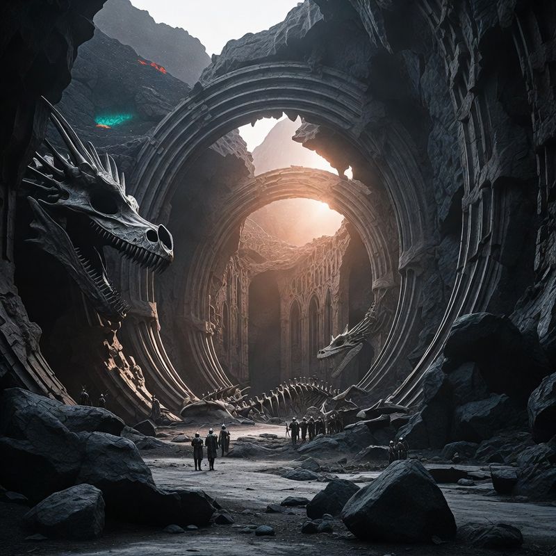 illustrations-landscape · Ancient Dragon Sanctuary Beneath Volcanic Mountains Colossal Fossilized