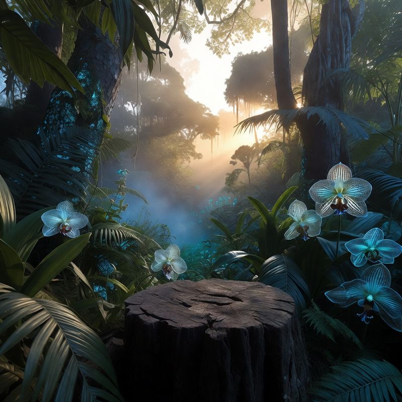 illustrations-landscape · Exotic Rainforest Deep At Dawn Towering Bioluminescent Trees