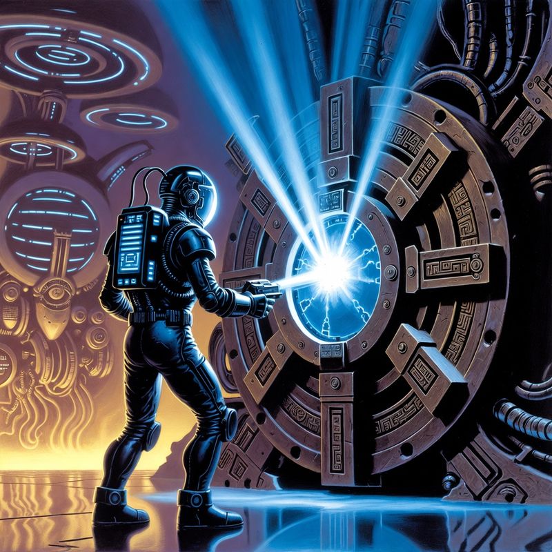 illustrations-scifi-mecha · Cybernetic Explorer Opening An Ancient Alien Vault While
