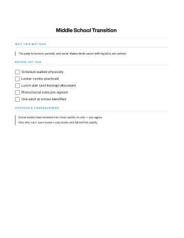 Middle School Transition — Teens checklist template
