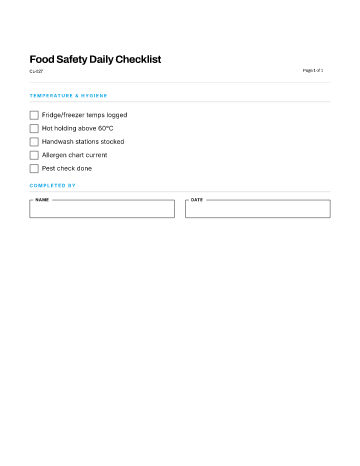 Food Safety Daily Checklist — Safety & Compliance template