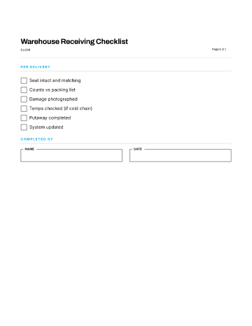 Warehouse Receiving Checklist — Travel & Logistics template
