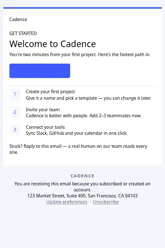 Cadence — Welcome / Onboarding — Welcome & Onboarding template
