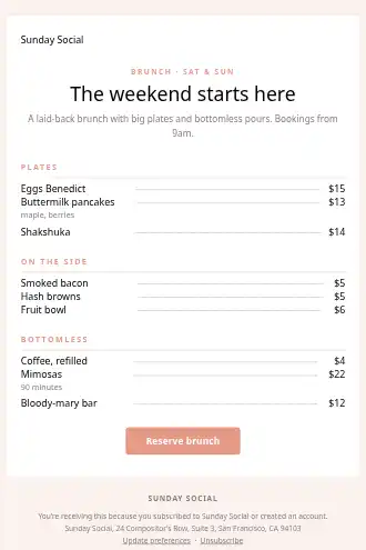 Sunday Social — Brunch menu — Menus template