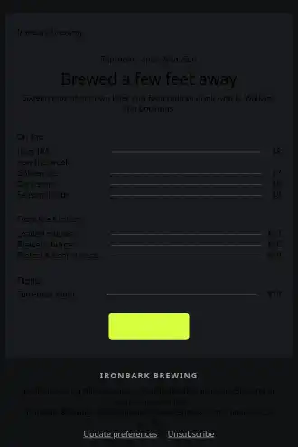 Ironbark Brewing — Taproom menu — Menus html5 email template