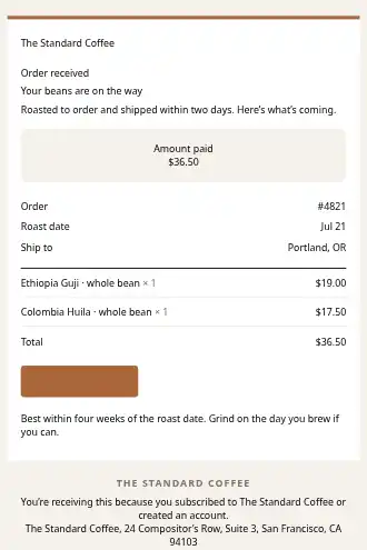 The Standard Coffee — Order Confirmation — Transactional template
