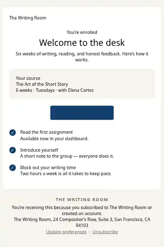 The Writing Room — Course Welcome — Welcome & Onboarding template