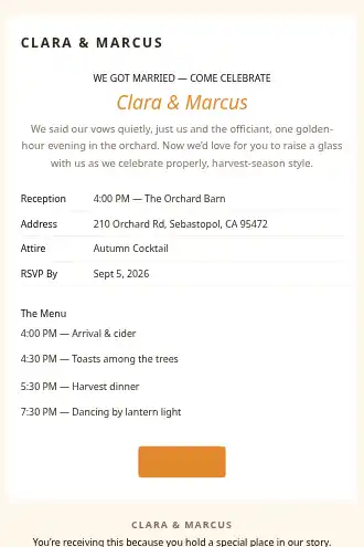 Clara & Marcus — Wedding Reception — Events & Invites html5 email template