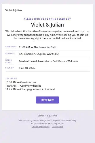 Violet & Julian — Wedding Ceremony — Events & Invites html5 email template